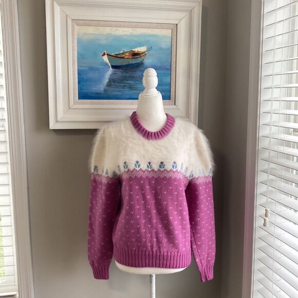 Vintage 80s Top Notch Wool Crewneck Tulip Fair Isle Sweater Handmade in the USA - Picture 3 of 16